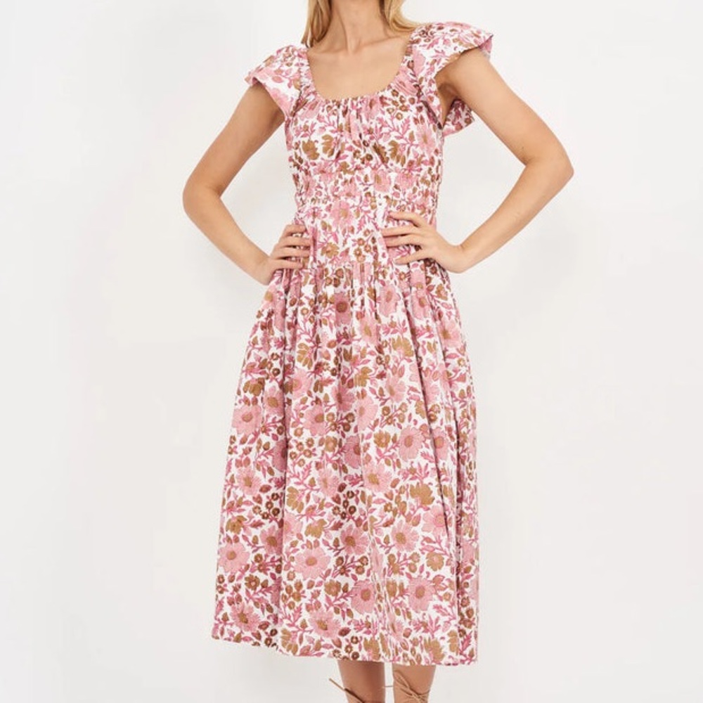 Marea Jane Dress in Shell Orsay Floral cottagecore block print cotton midi tea